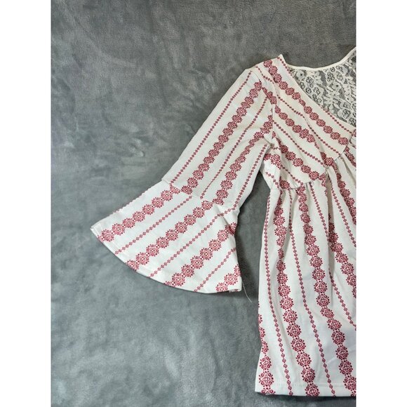 Baby doll Blouse Women's Large Red and White V-Neck Top with Lace upper Back - Picture 3 of 8